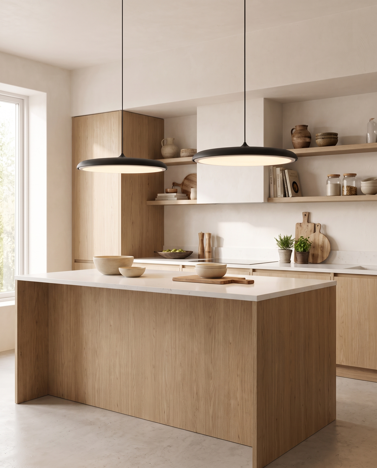 Two black Wafer pendants over a kitchen island