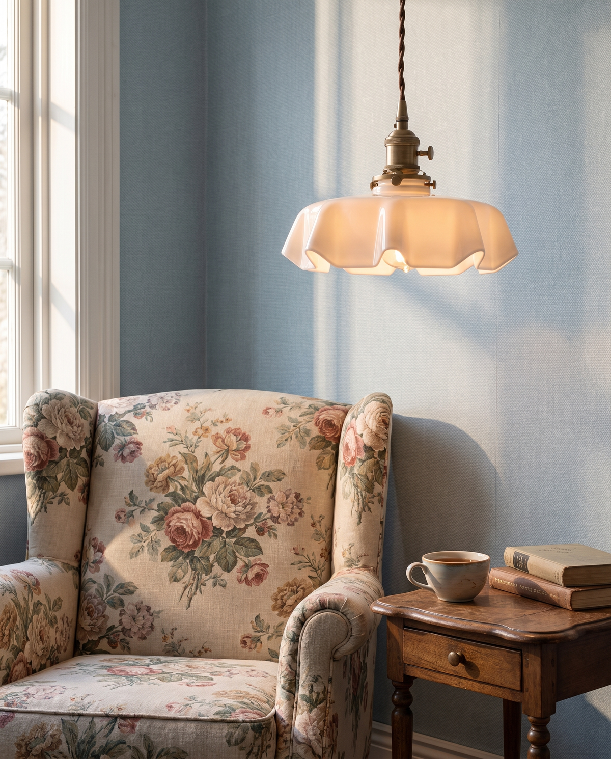 The Scallop Pendant in white above a floral armchair in a reading corner
