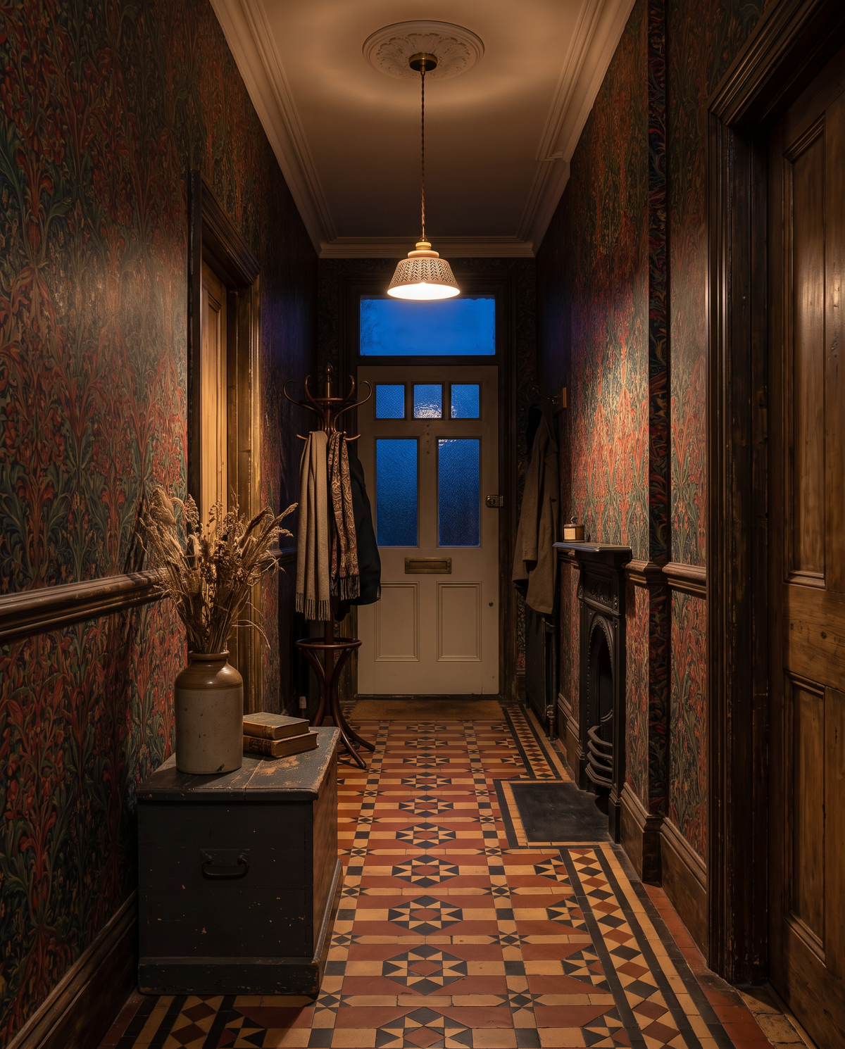 The Kiln hand-painted ceramic pendant – Front hallway, Victorian house with Morris wallpaper