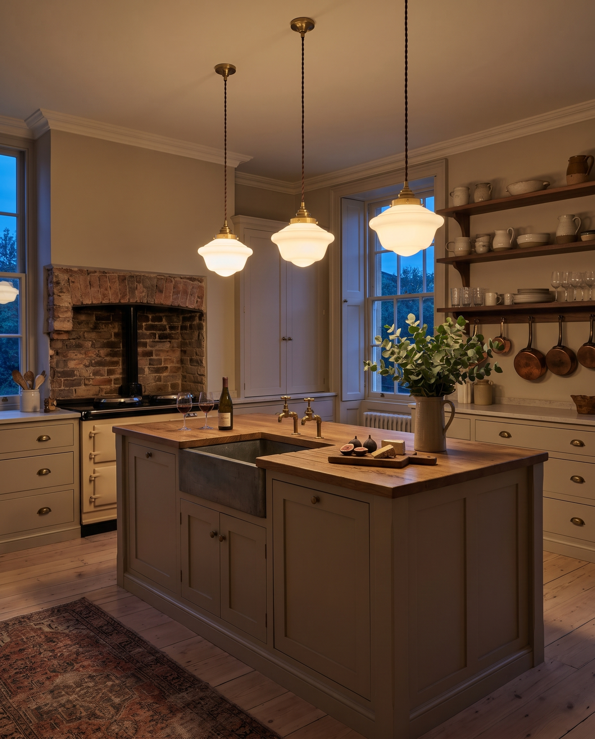 The Scholar opal glass pendant – Three over a kitchen island at dusk, Georgian house in Bath