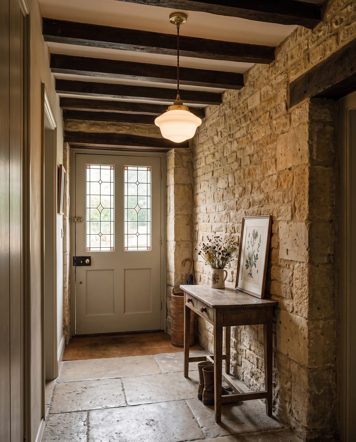 The Scholar opal glass pendant – Narrow front hallway, Cotswold farmhouse