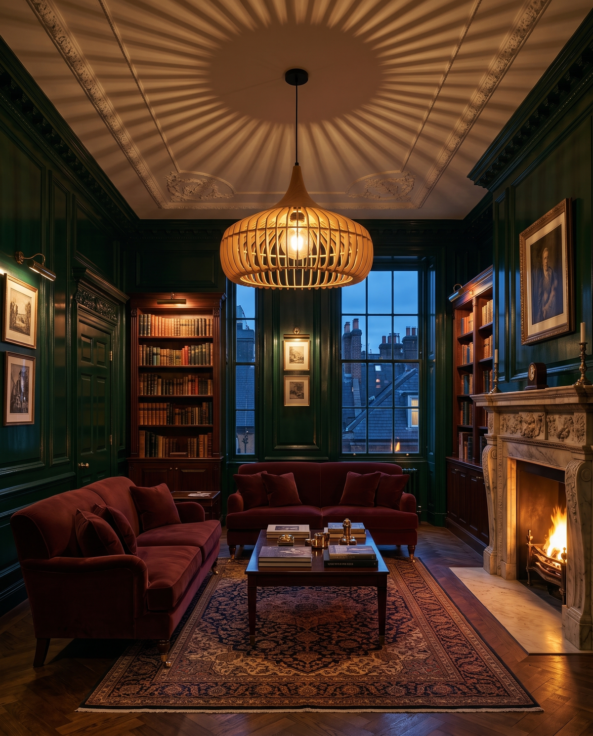The Ridge ribbed wood pendant – Drawing room in the evening, London hotel