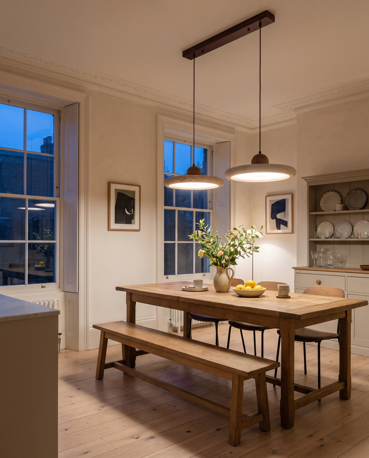 The Aperture travertine ring pendant – Kitchen-dining room, renovated Georgian townhouse