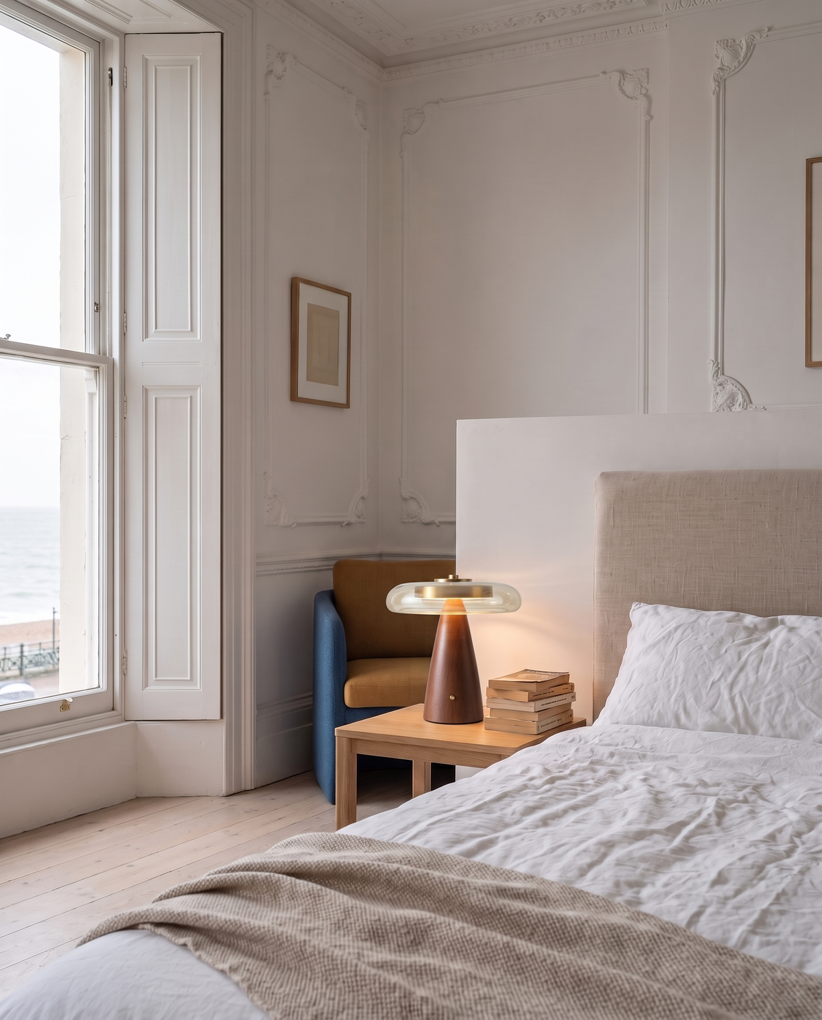 The Dovetail walnut table lamp – Main bedroom, Brighton seafront apartment