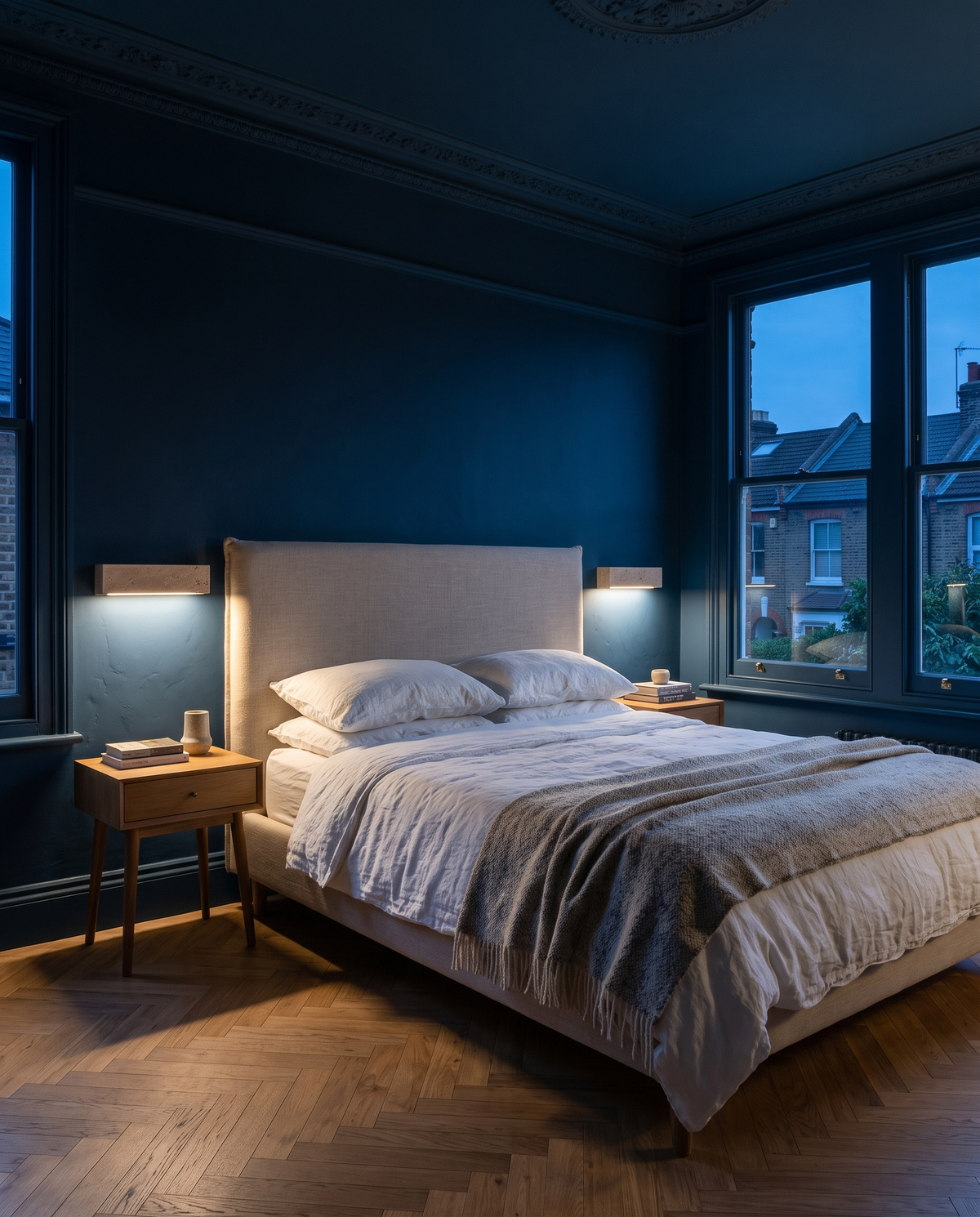 The Monolith travertine wall light – Principal bedroom, renovated Victorian terrace