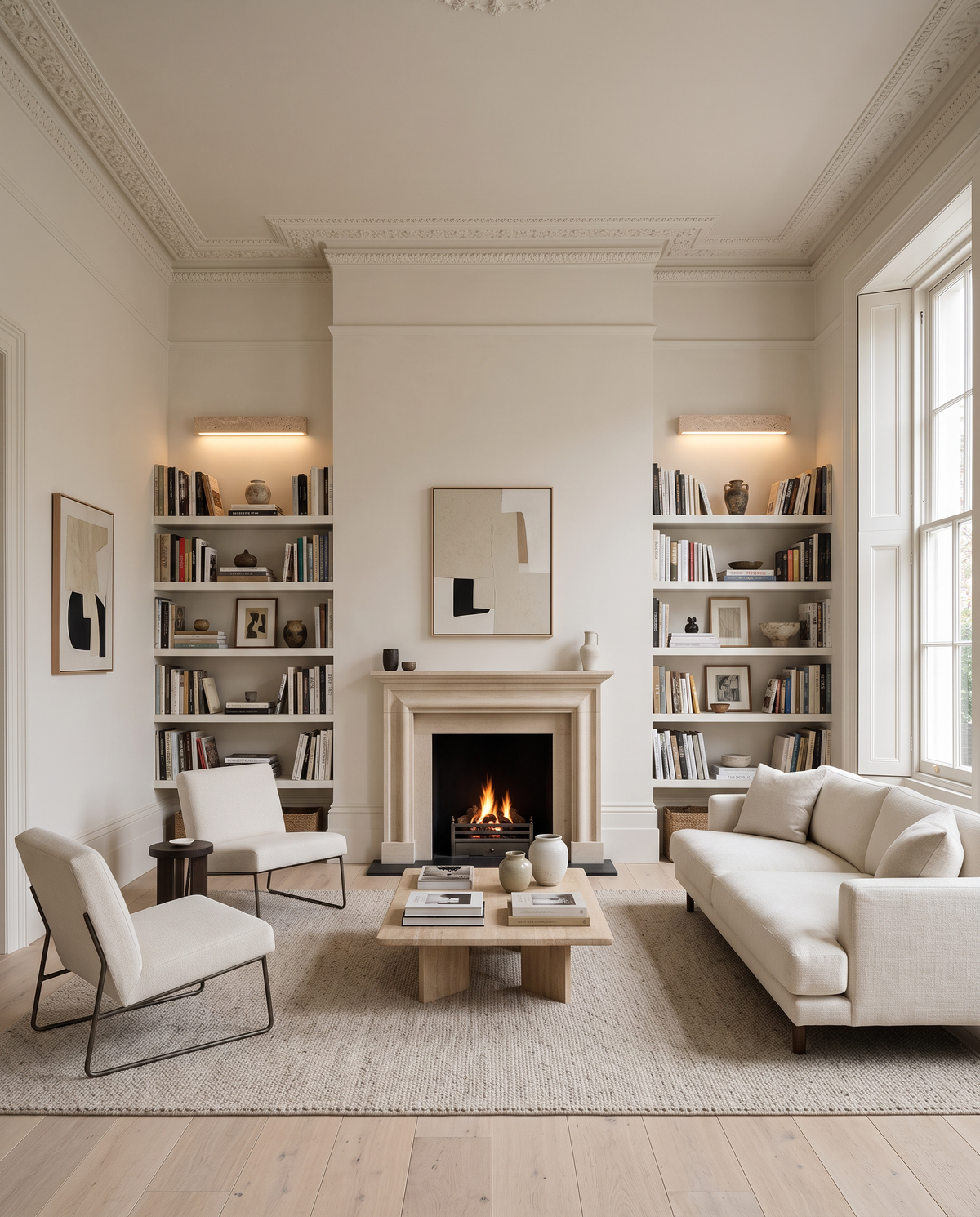 The Monolith travertine wall light – Drawing room, renovated Georgian townhouse