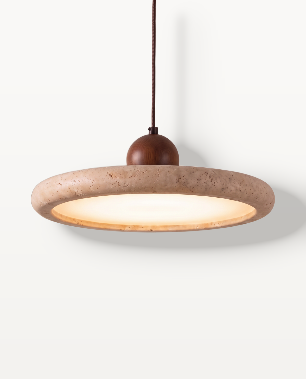 The Aperture Pendant – Single Ø40 cm, dark walnut sphere, travertine ring