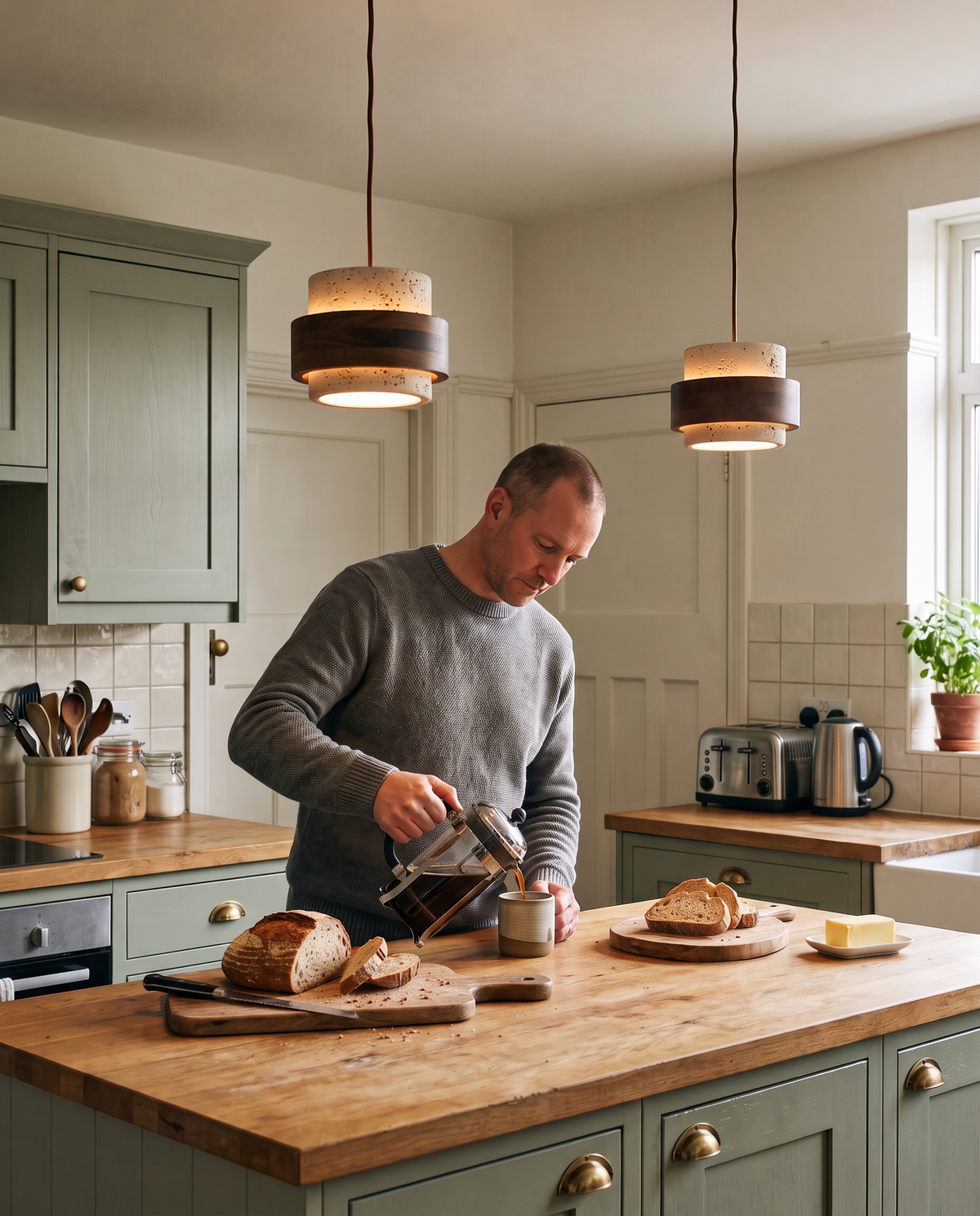 A man pouring coffee under two Bobbins in a 1930s kitchen