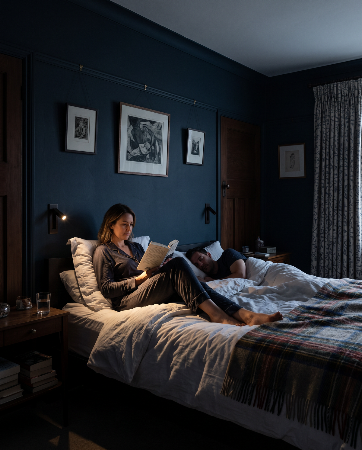 A woman reading in bed by a Bookmark light while her partner sleeps