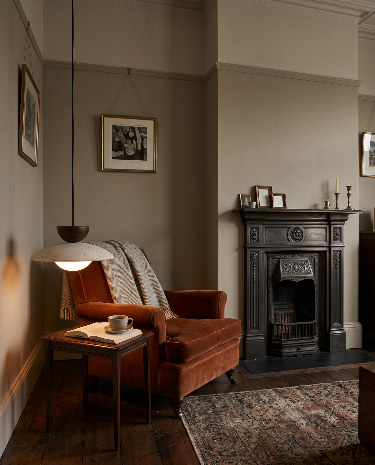 The Brim beside a velvet reading chair in an Edwardian sitting room