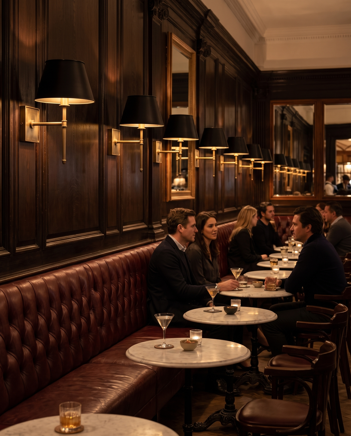 A row of Bureau wall lights above leather banquettes in a club bar