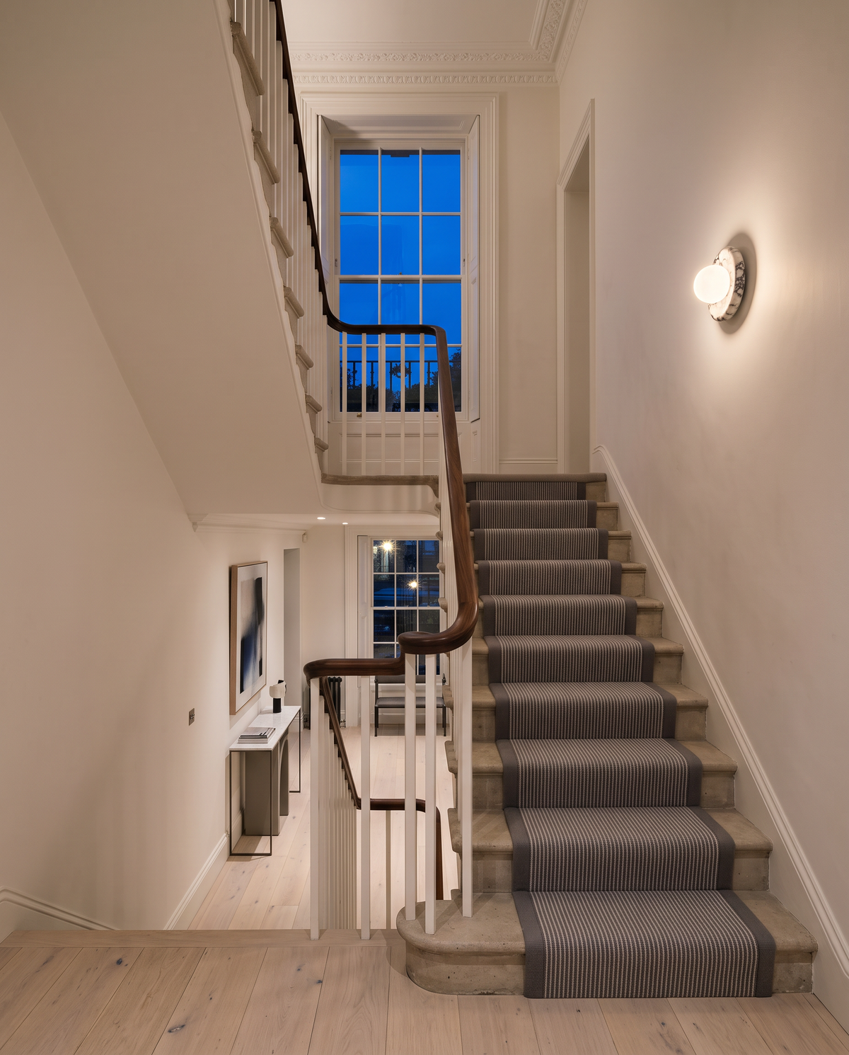 The Cameo marble ring wall light – Stone staircase, renovated Georgian townhouse