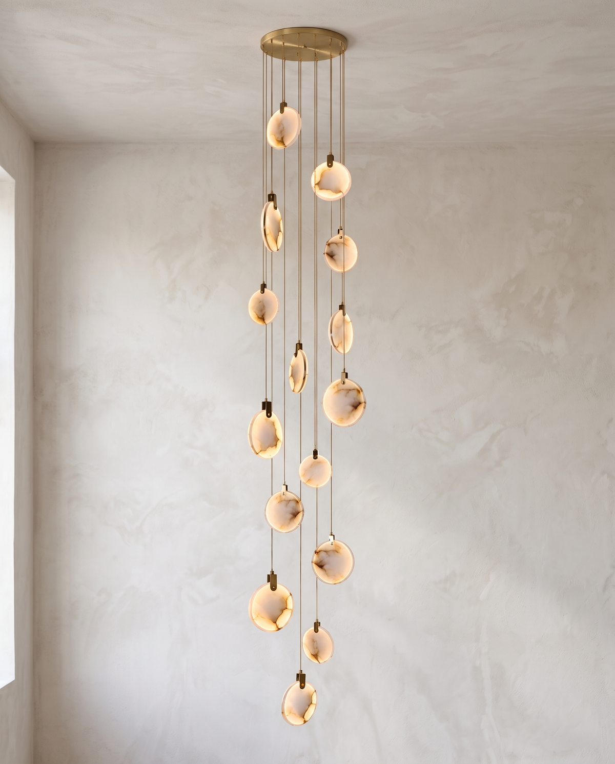The Cascade alabaster disc chandelier for stairways — Selden Home (9)