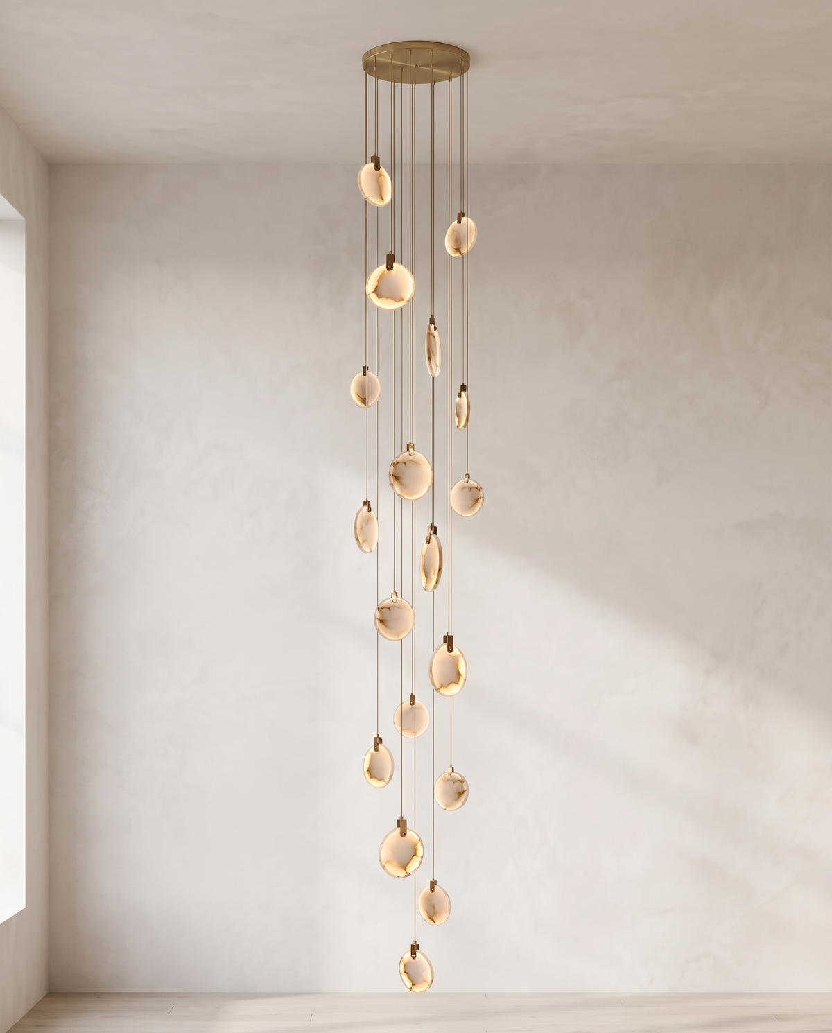 The Cascade alabaster disc chandelier for stairways — Selden Home (10)