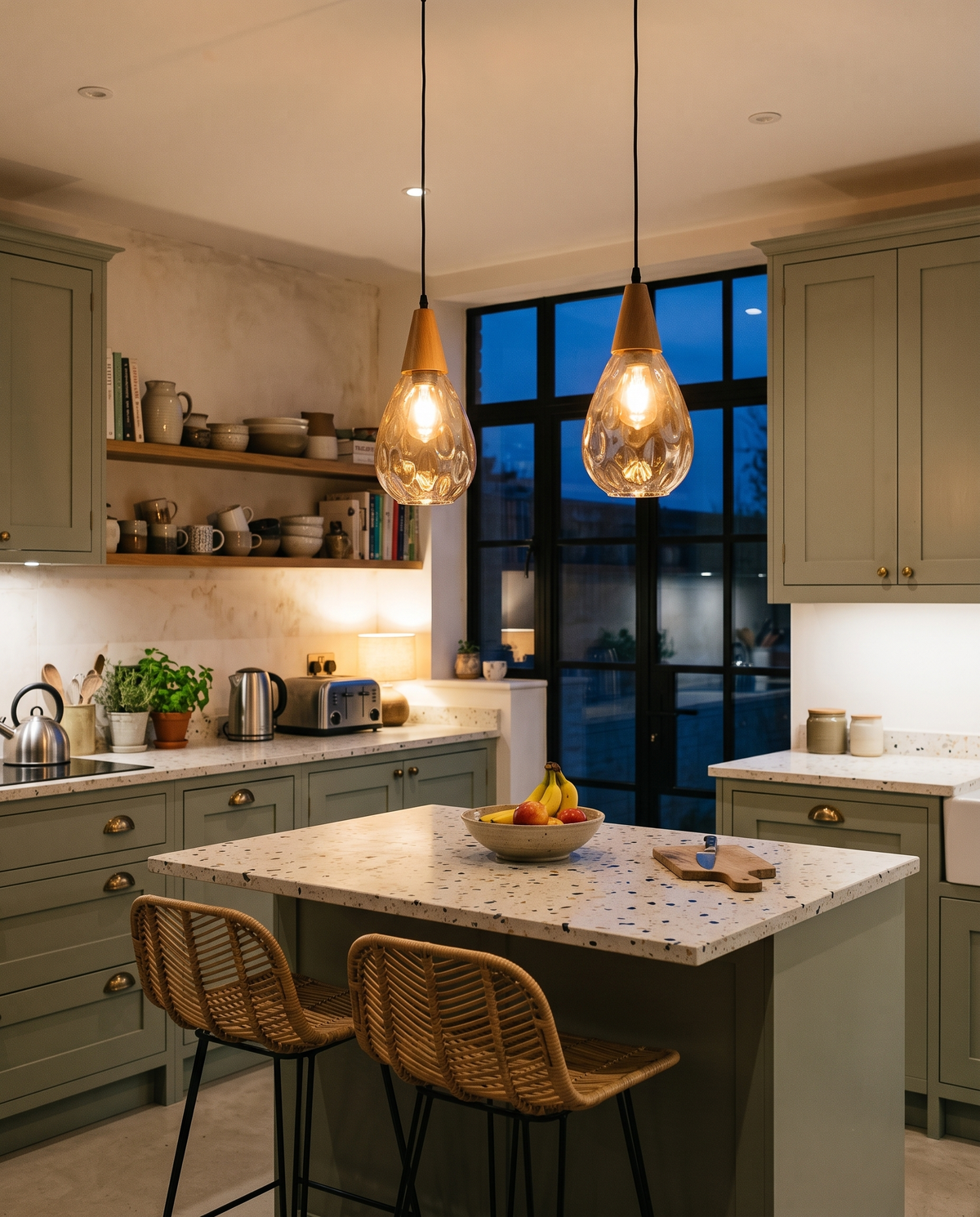 Two amber Dew pendants over a terrazzo kitchen island