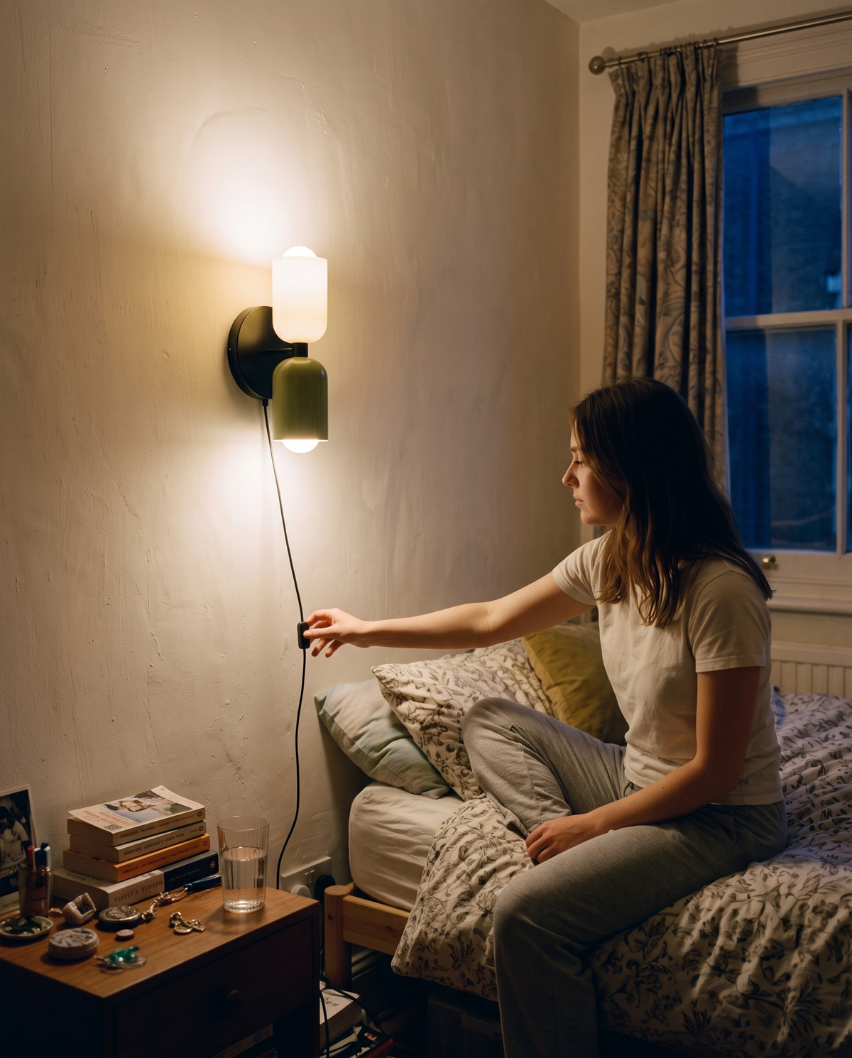 A woman switching on The Duet from the switch on its cable by the bed