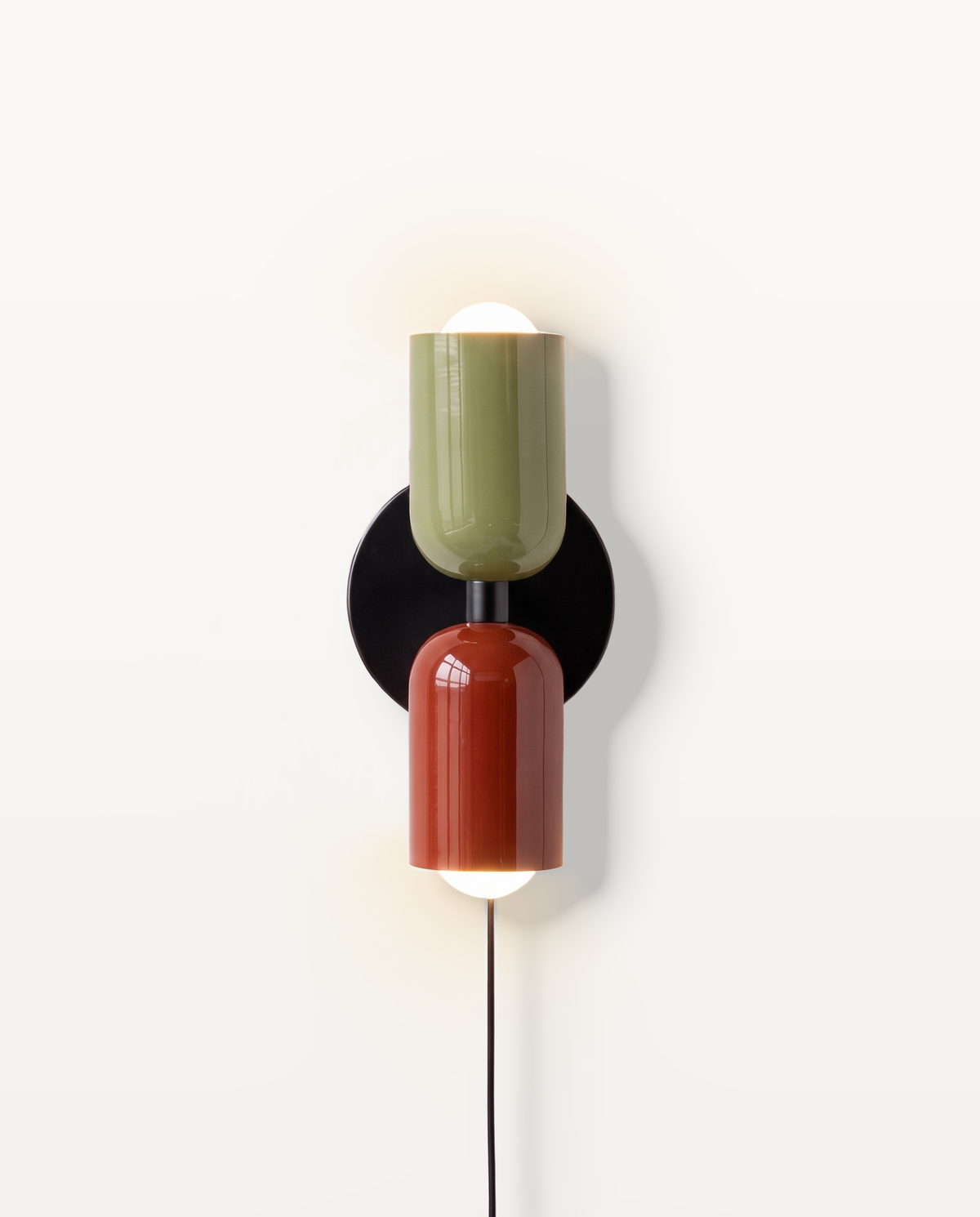The Duet Plug-in Wall Light in Olive & Pillar Box