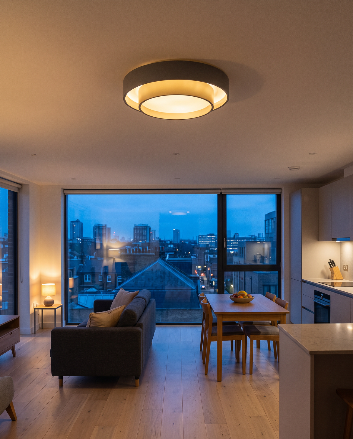 The Echo in Slate lit in an open-plan living room at dusk