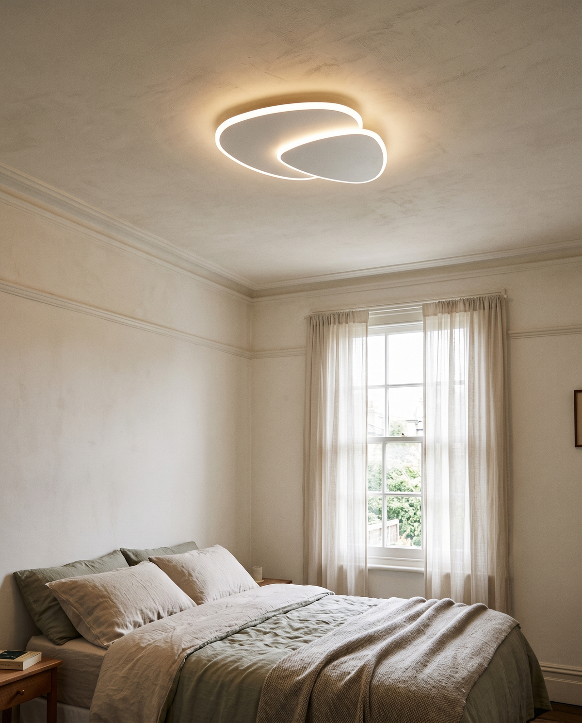 The Facet ceiling light above a linen bed in a calm bedroom