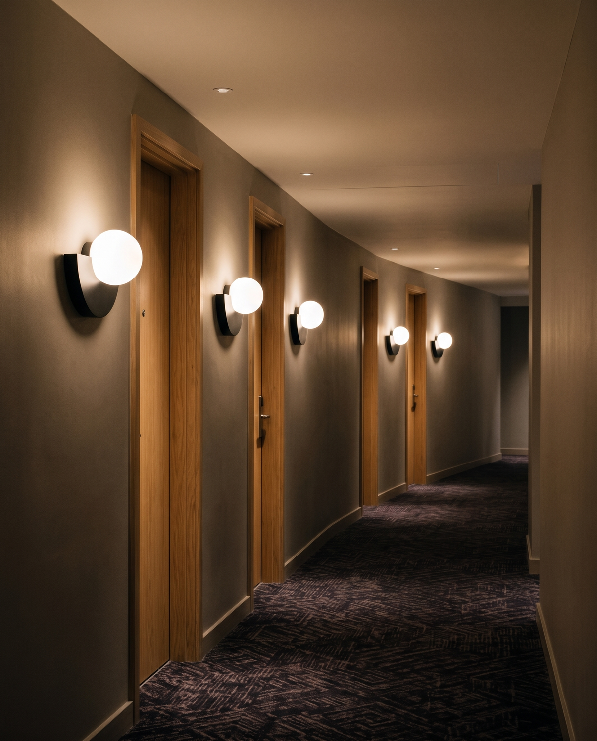A row of Fanlights in Jet along a hotel corridor