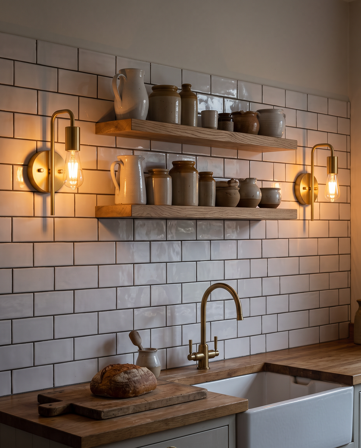 A pair of Filament wall sconces in brass either side of an oak shelf in a tiled kitchen