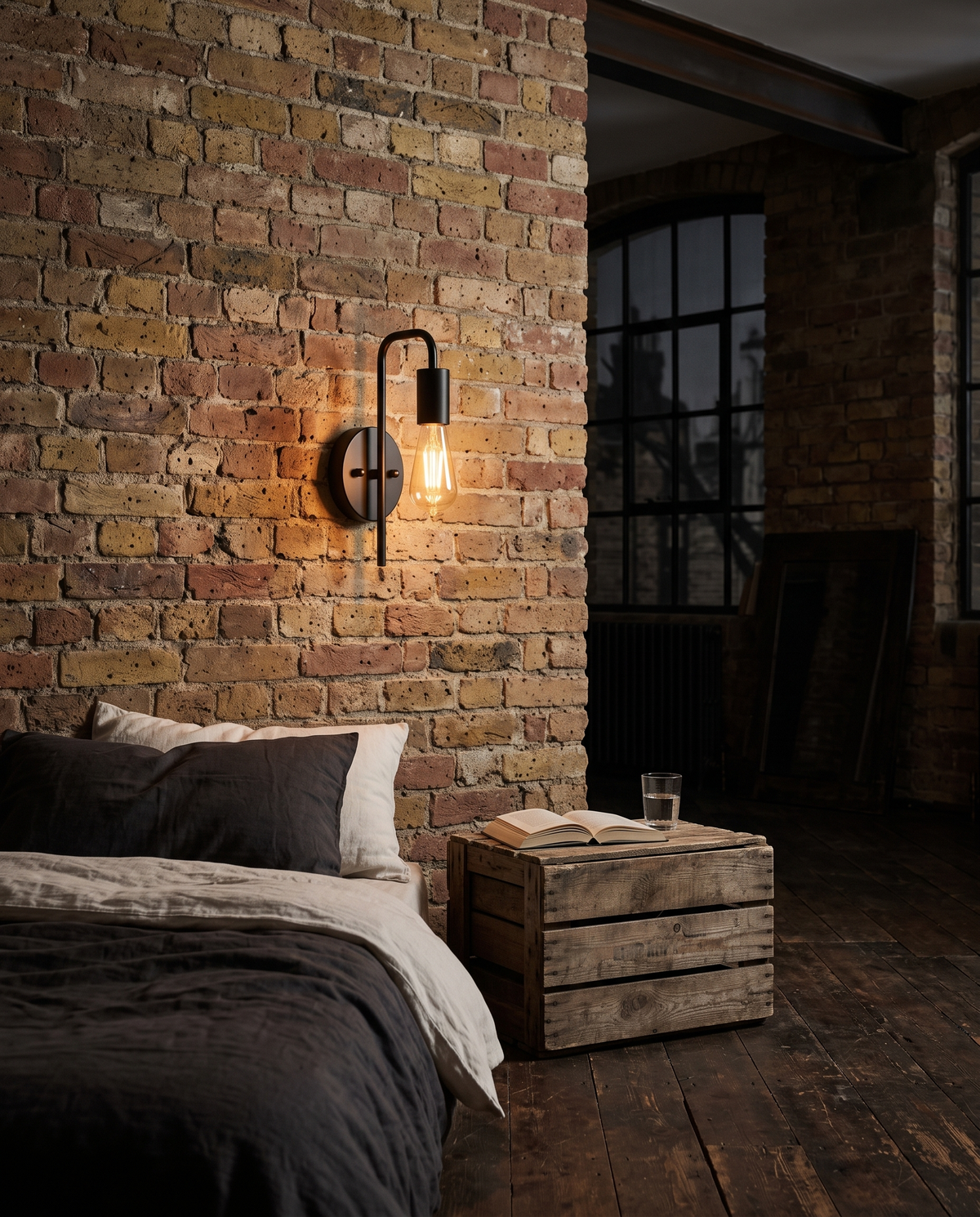 The Filament wall sconce in black on an exposed brick wall beside a bed