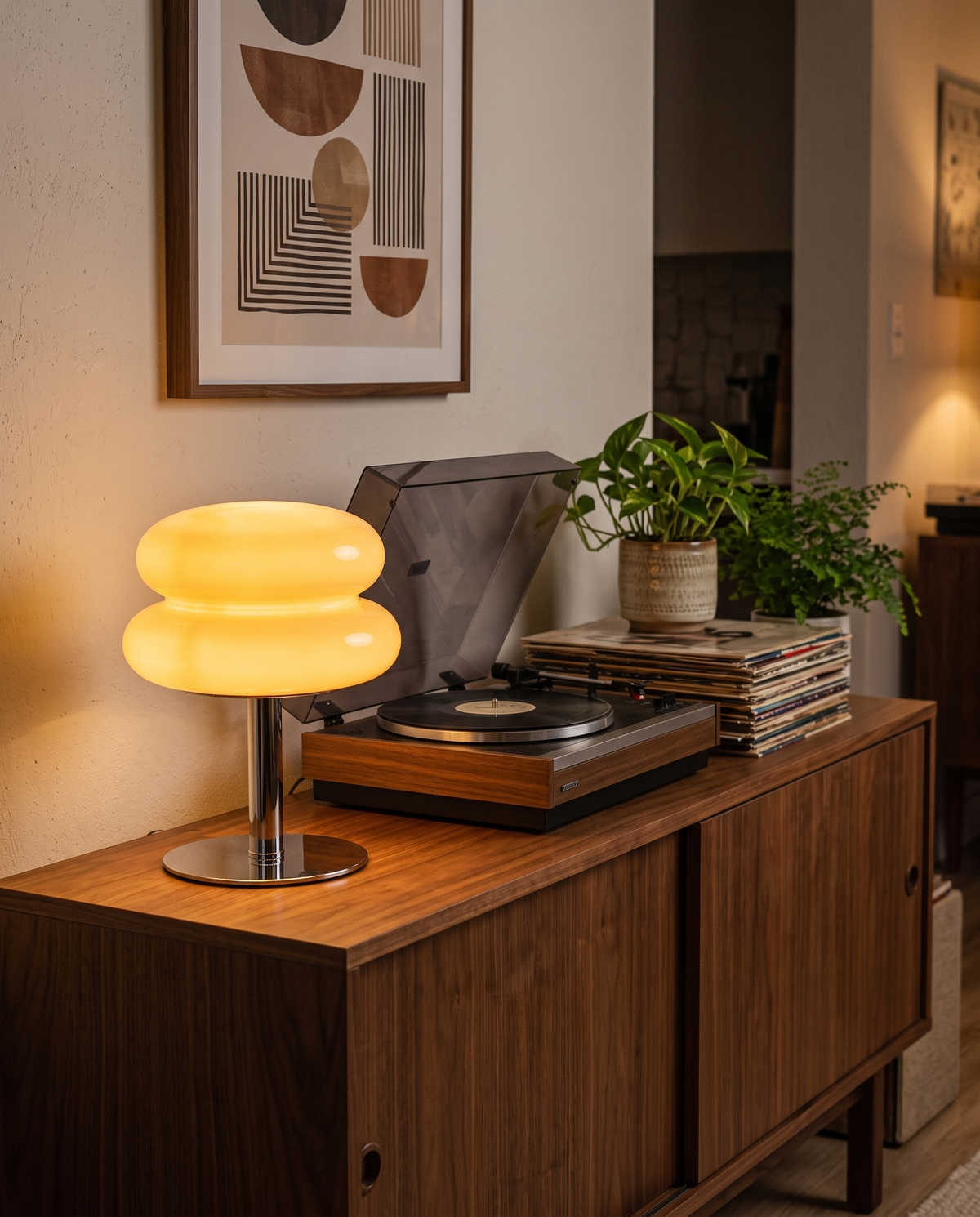 The Fondant in Custard on a walnut sideboard beside a record player