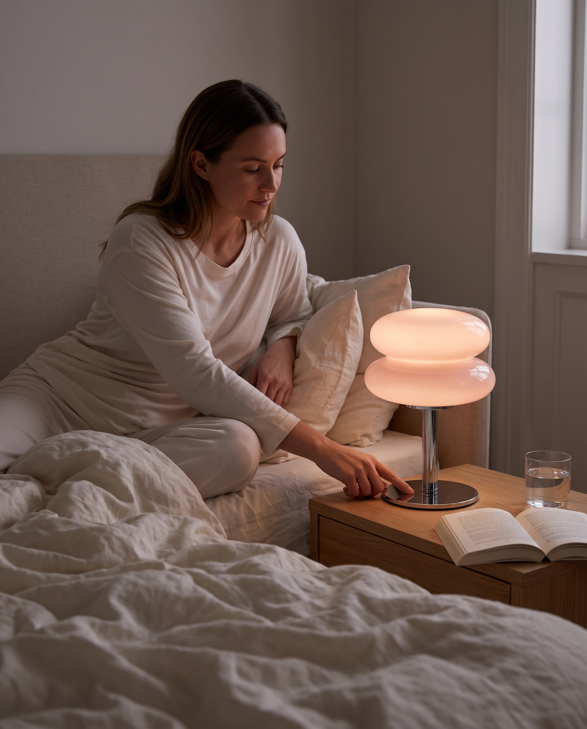 A woman touching the base of The Fondant to switch it on by the bed
