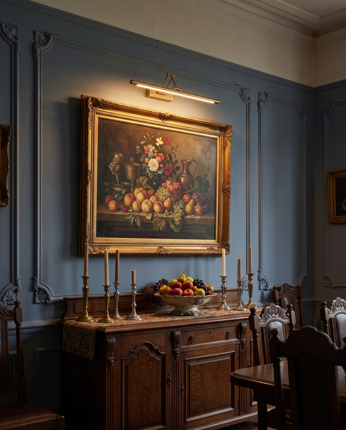 The Gallery over a still-life painting in a slate blue dining room