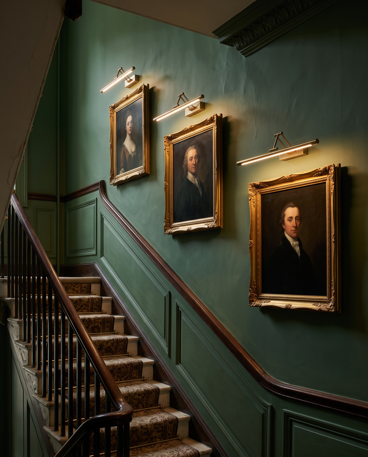 Three Gallery picture lights over portraits on a Georgian staircase