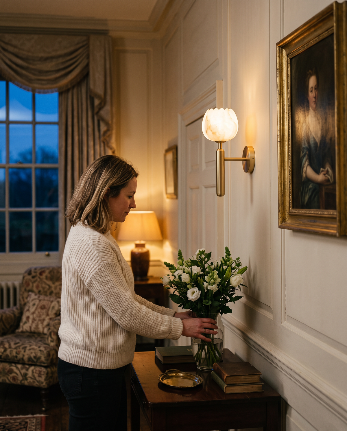 A woman arranging flowers under a Gaslight wall light