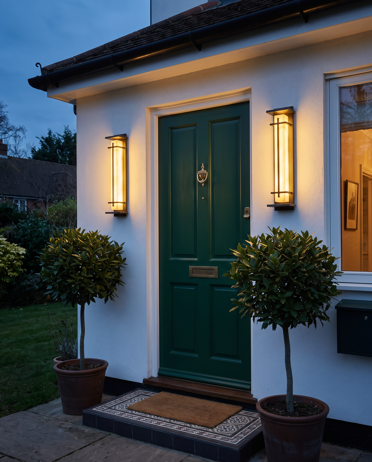 Gatepost lights either side of a green front door at dusk