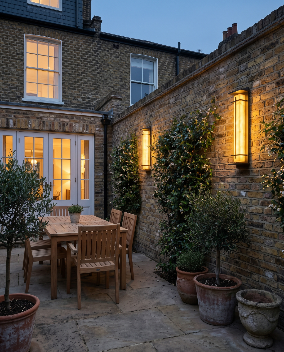 Gatepost lights on a brick garden wall above a patio