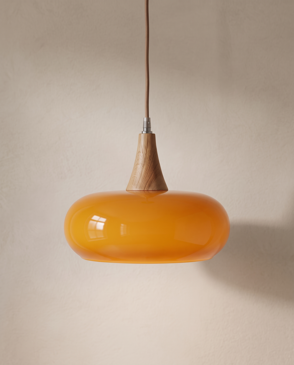 The Grove, close-up of wood cap and amber glass shade texture — Selden Home product photography