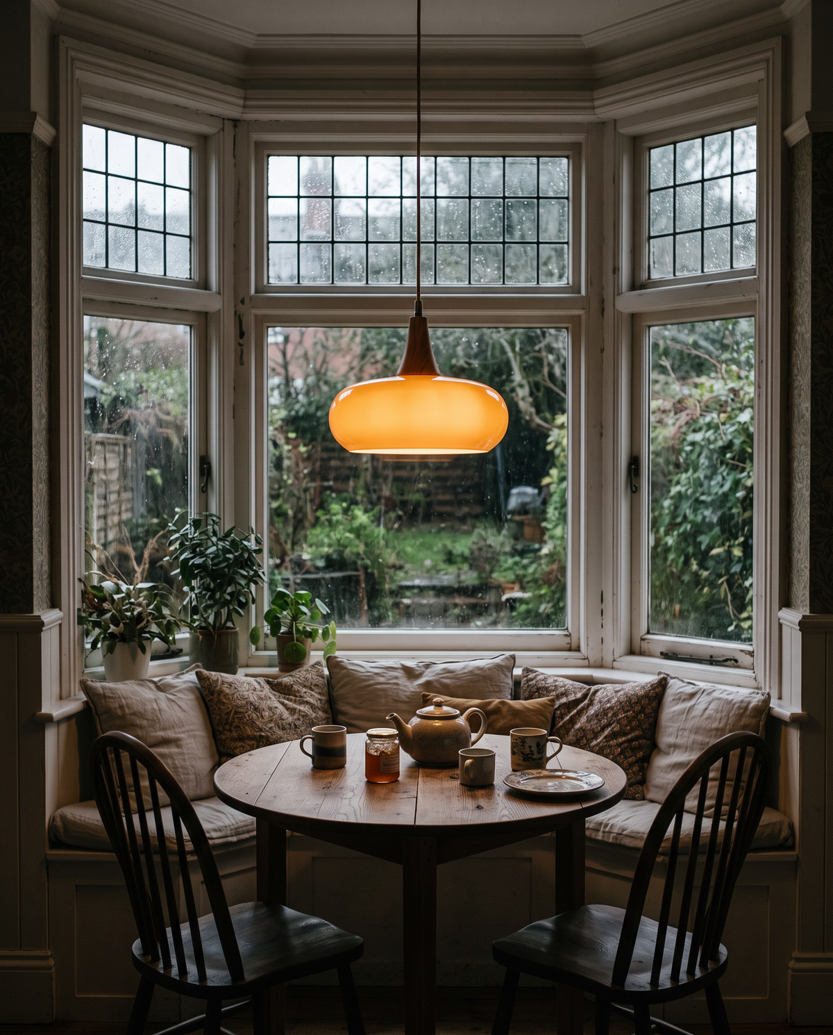 The Grove pendant in amber glass over a round table in a bay window