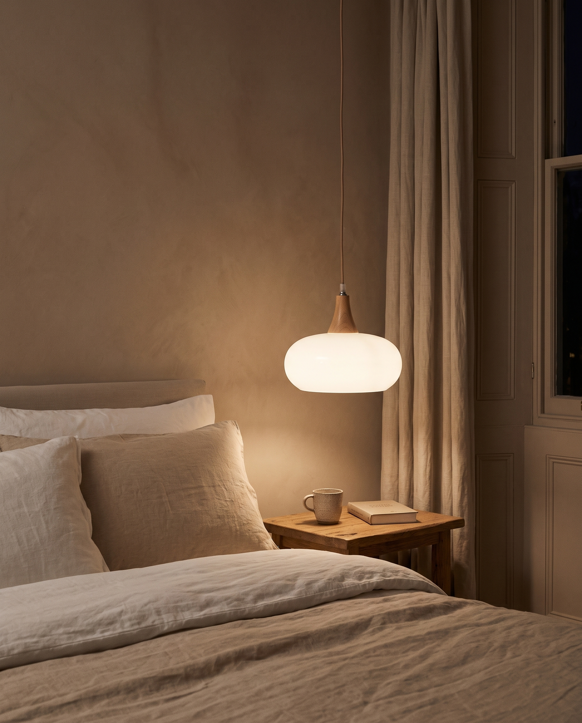 The Grove pendant in white glass hanging low beside a bed