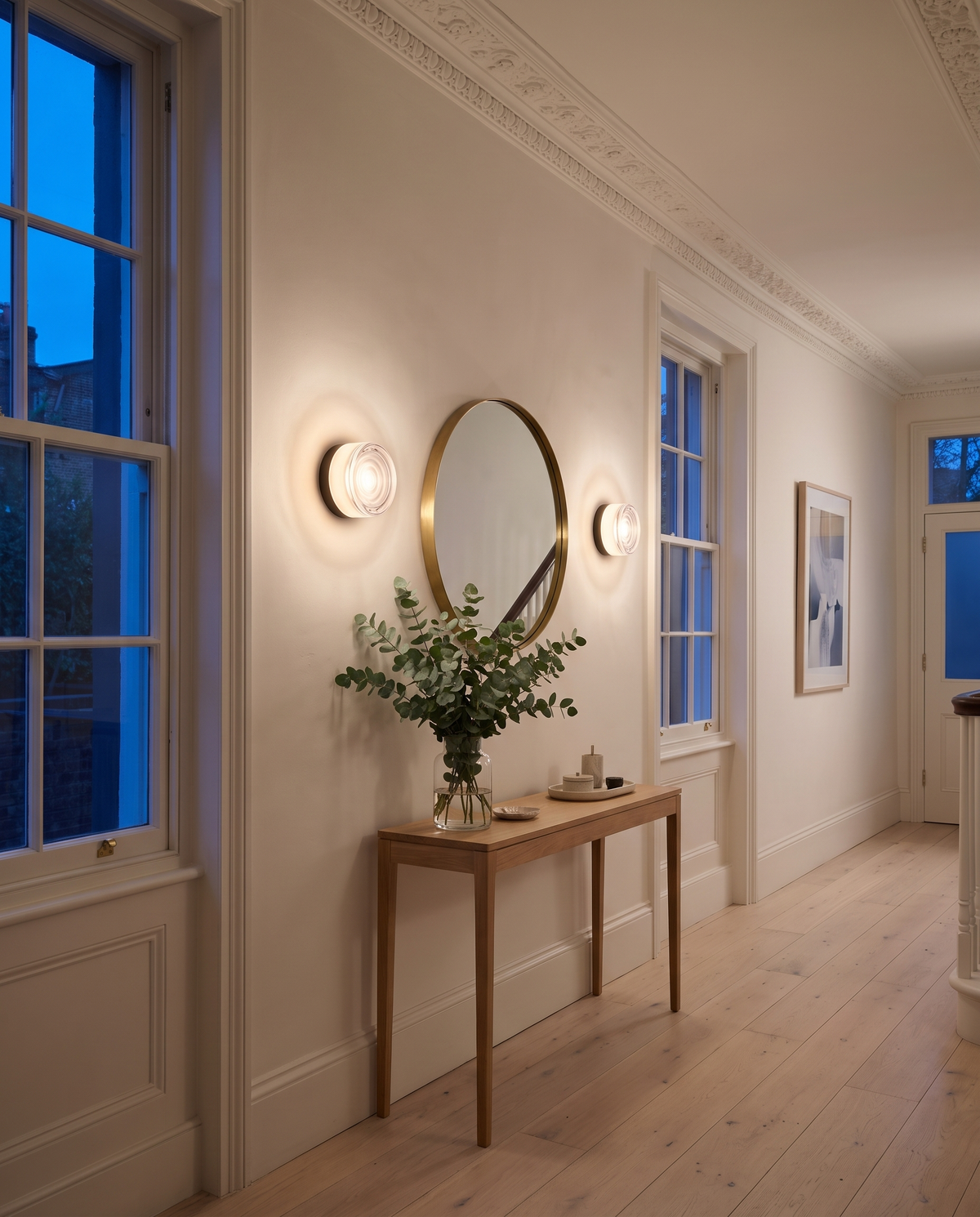 The Halo glass wall light – Front hallway, renovated Georgian townhouse