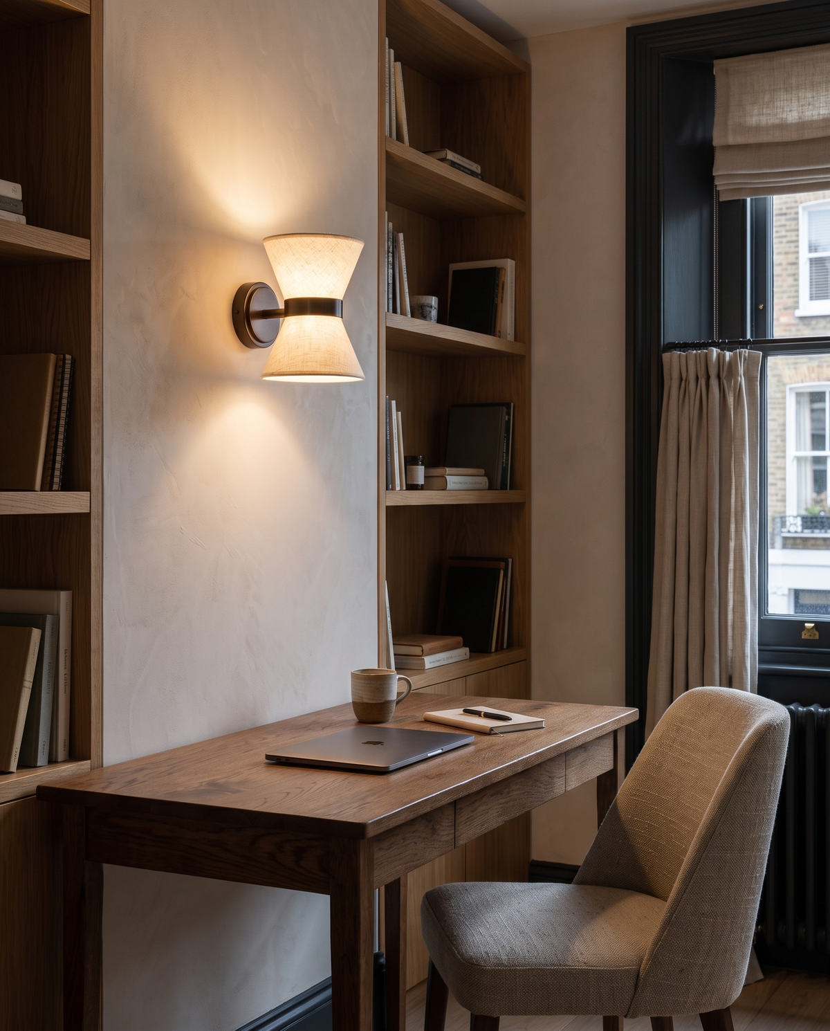 The Hourglass above an oak writing desk in a home study