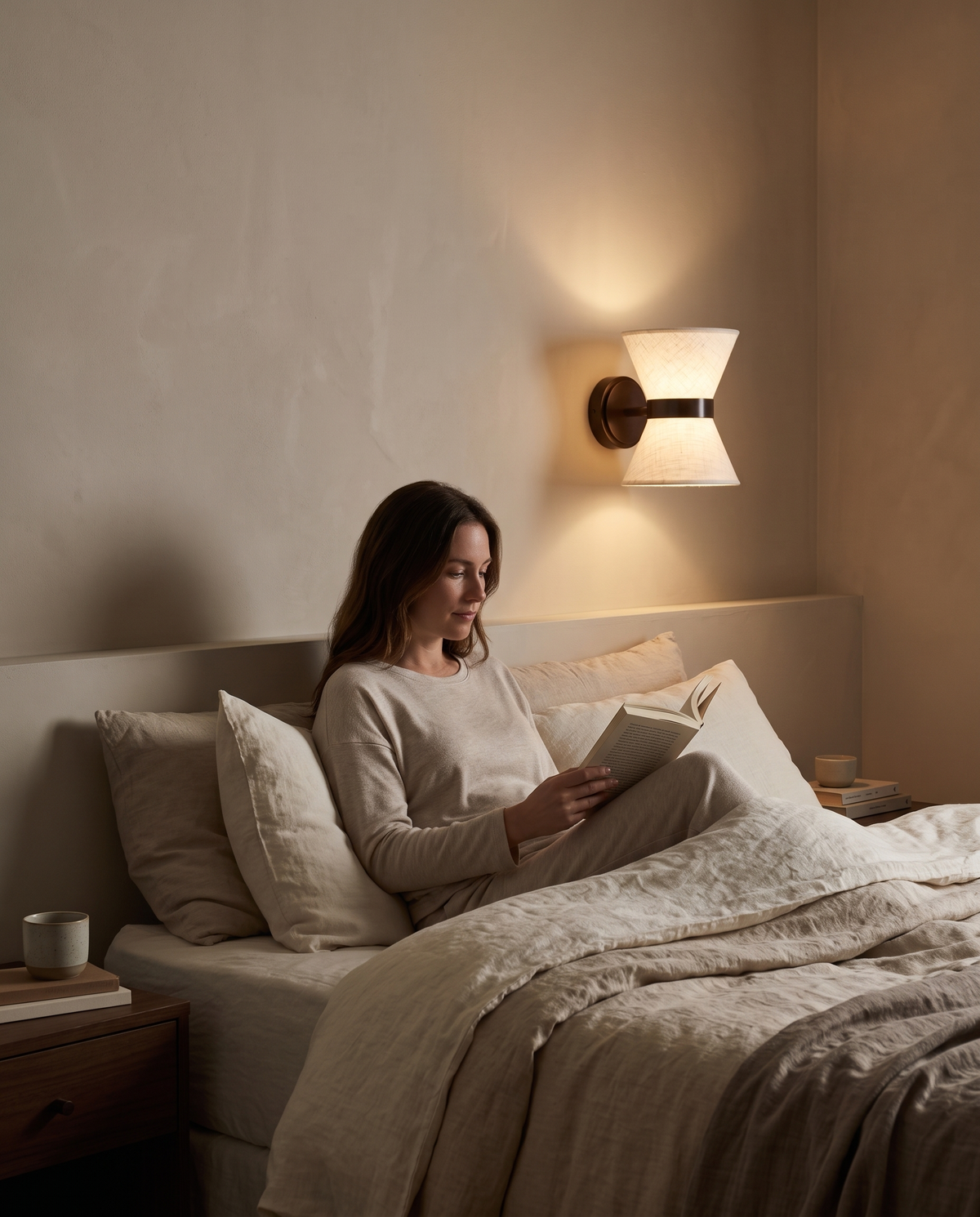 A woman reading in bed beside The Hourglass