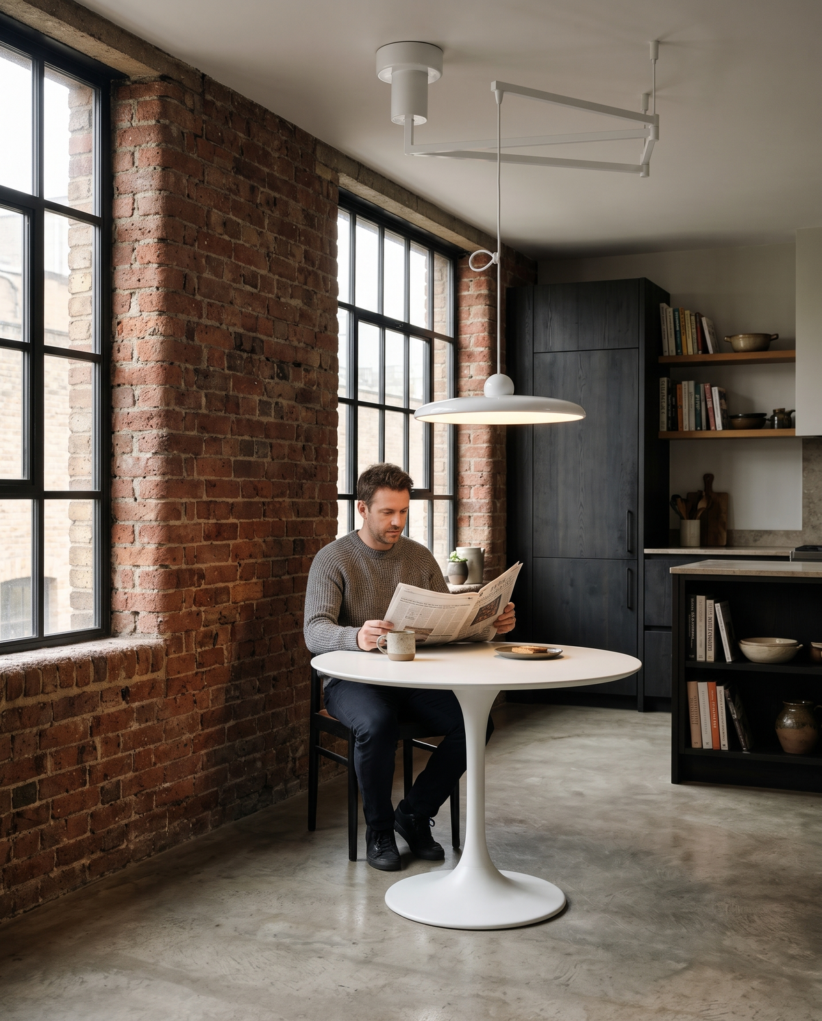 A man reading the paper at a small table under The Jib in Chalk in a warehouse loft