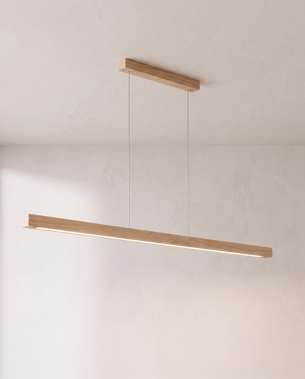The Joist Pendant – Light Wood, linear LED pendant with its wood ceiling plate