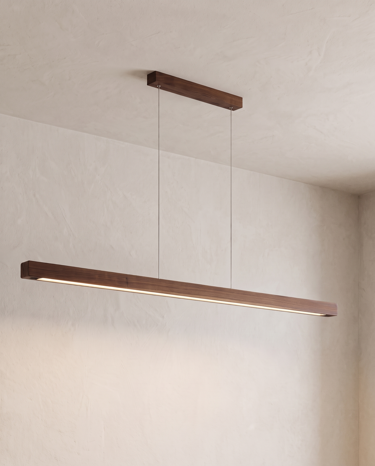 The Joist Pendant – Dark Wood, linear LED pendant with its wood ceiling plate