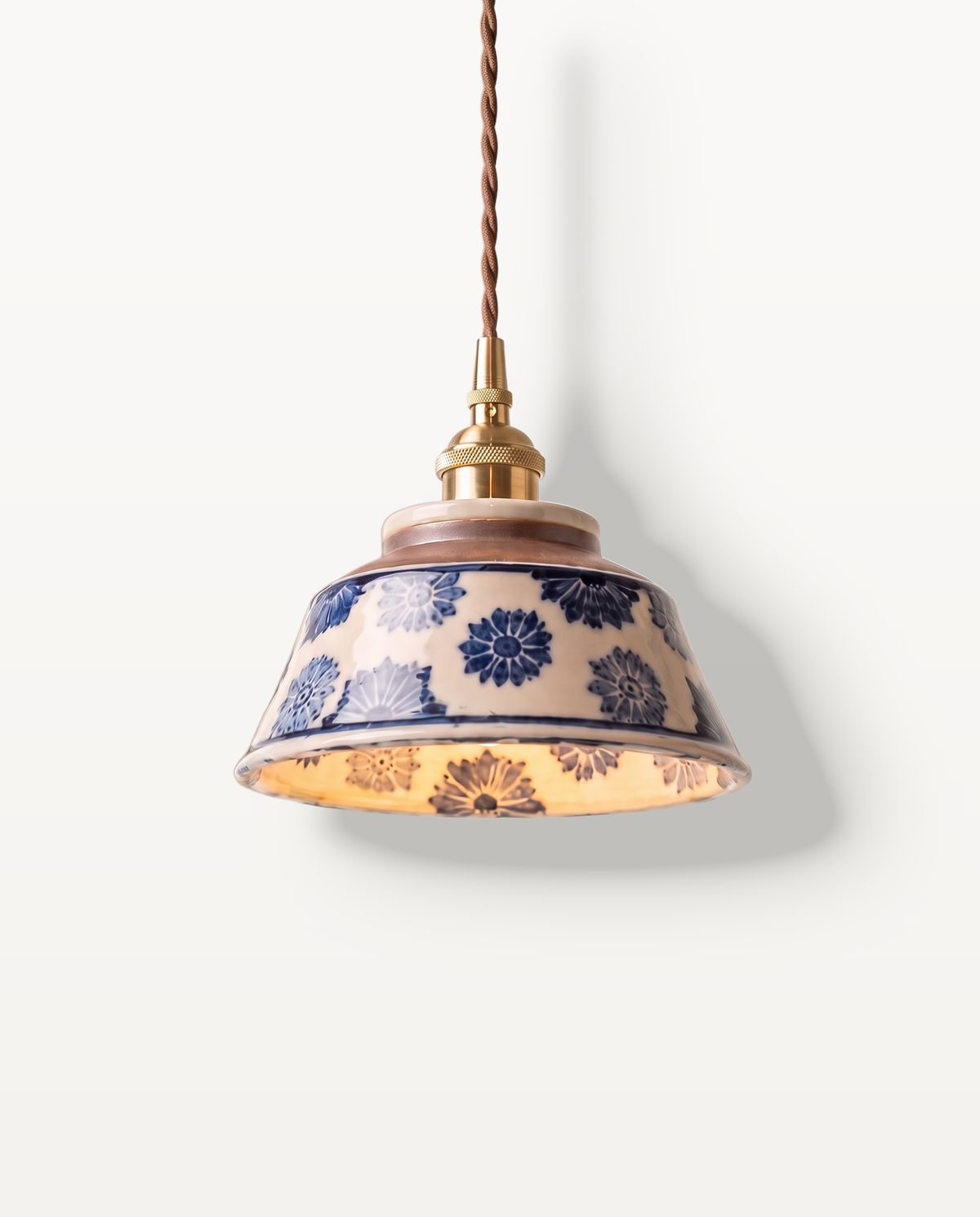 The Kiln Pendant – Cornflower, hand-painted ceramic shade with brass holder