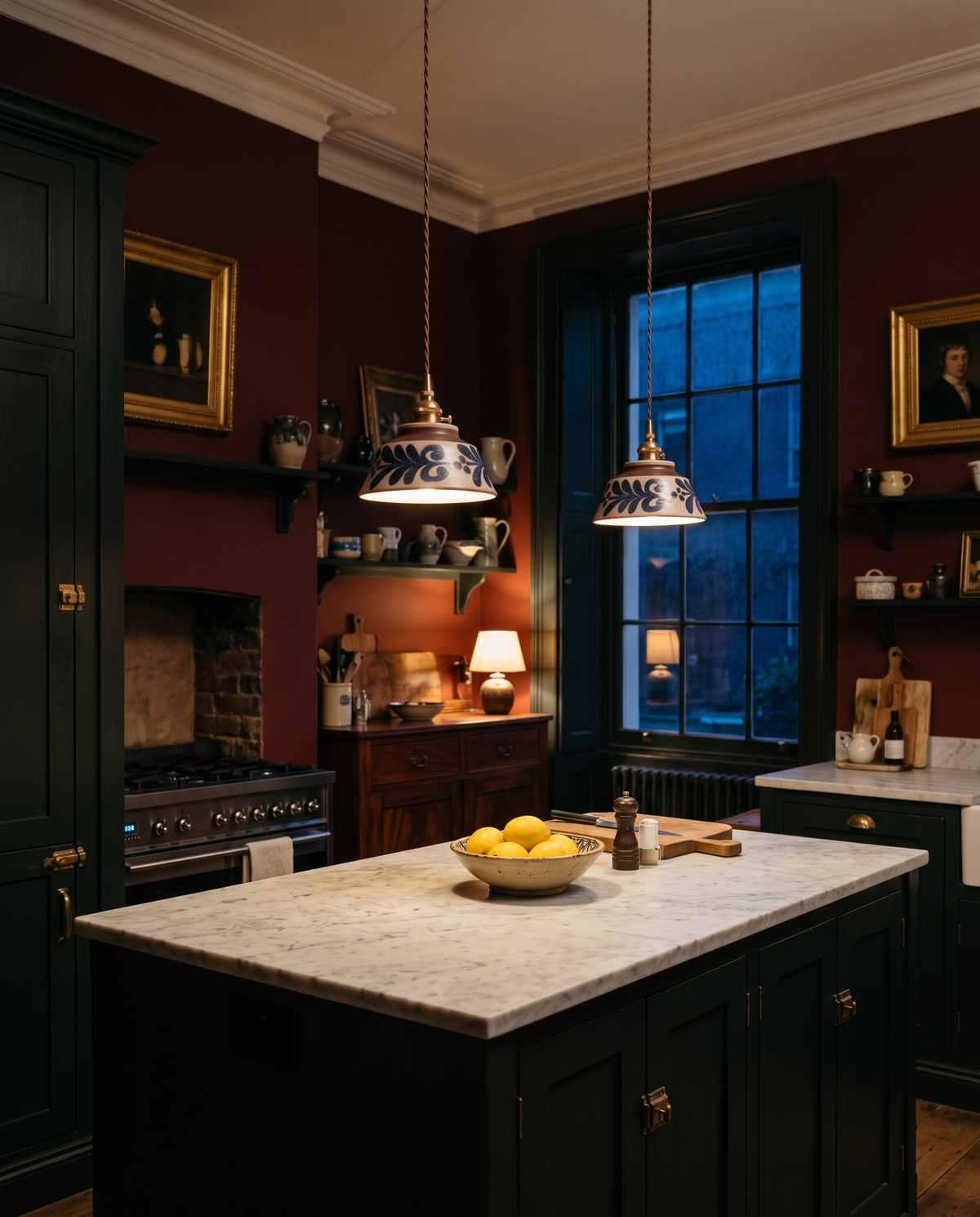 The Kiln hand-painted ceramic pendant – Kitchen island, Georgian townhouse in oxblood