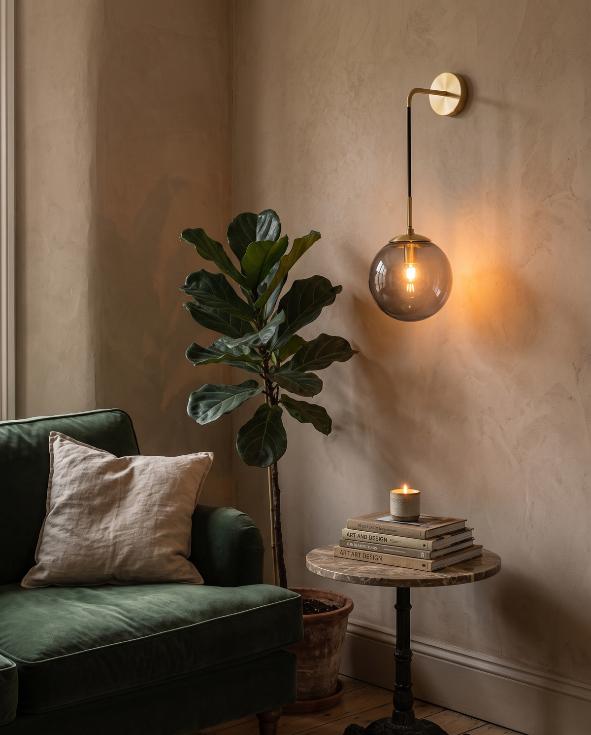 The Lantern wall light in brass with a smoke grey globe above a green velvet sofa