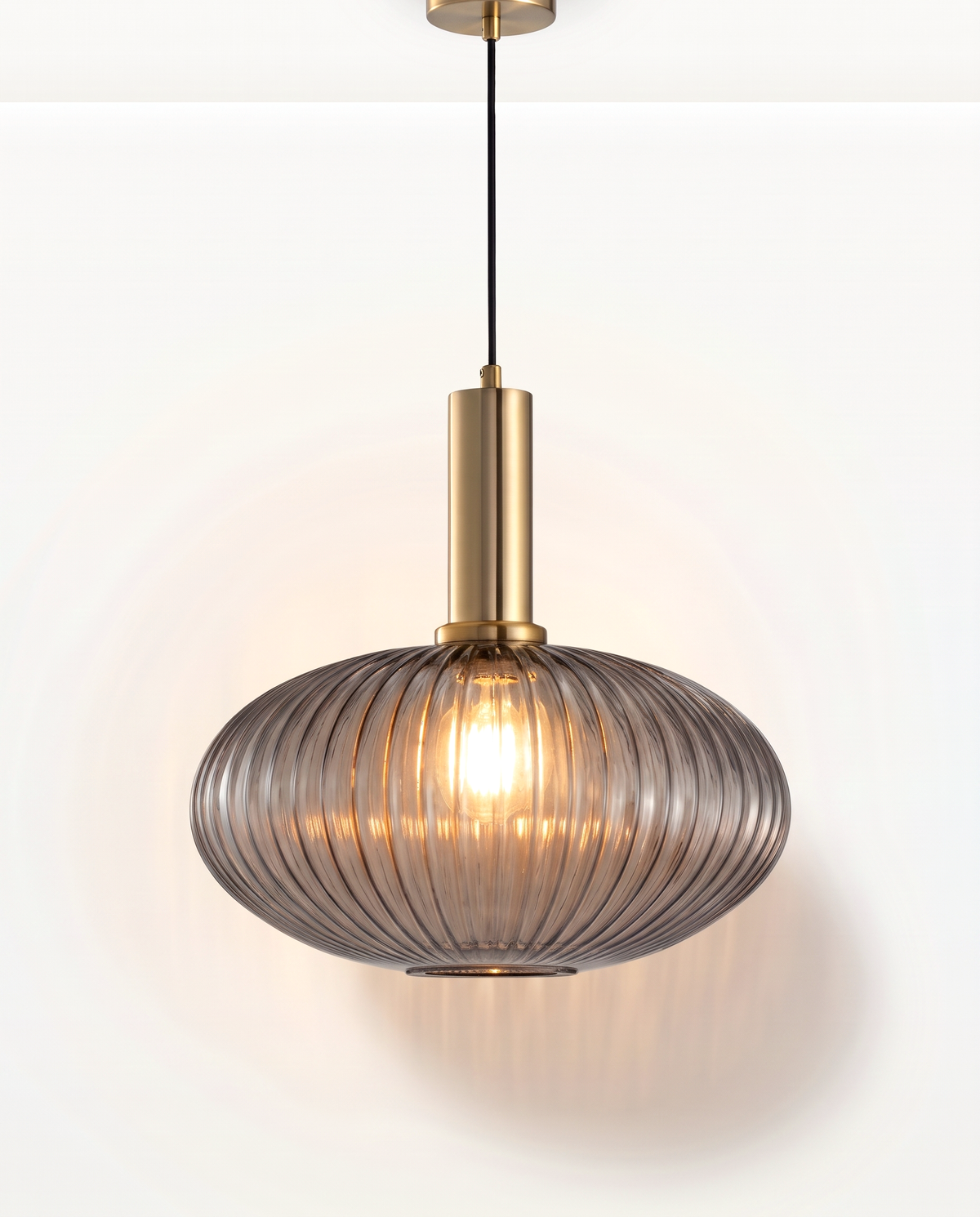 The Larder Pendant, drum, in smoke ribbed glass