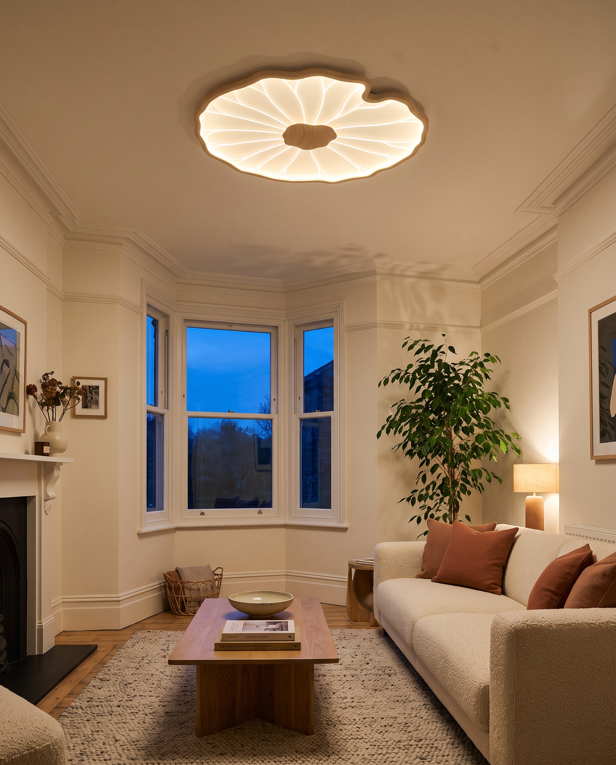 A Lilypad in Oak Effect on the ceiling of an Edwardian living room