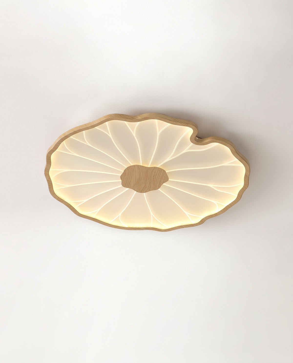 The Lilypad Ceiling Light in Oak Effect, a leaf-shaped LED panel with radiating veins, lit