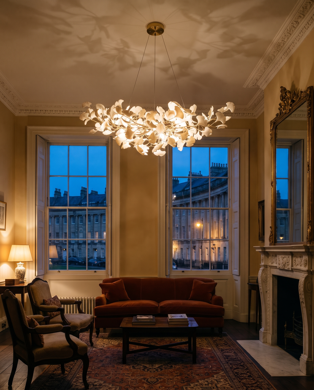 The Maidenhair in Gilt glowing in a Georgian drawing room in Bath at dusk