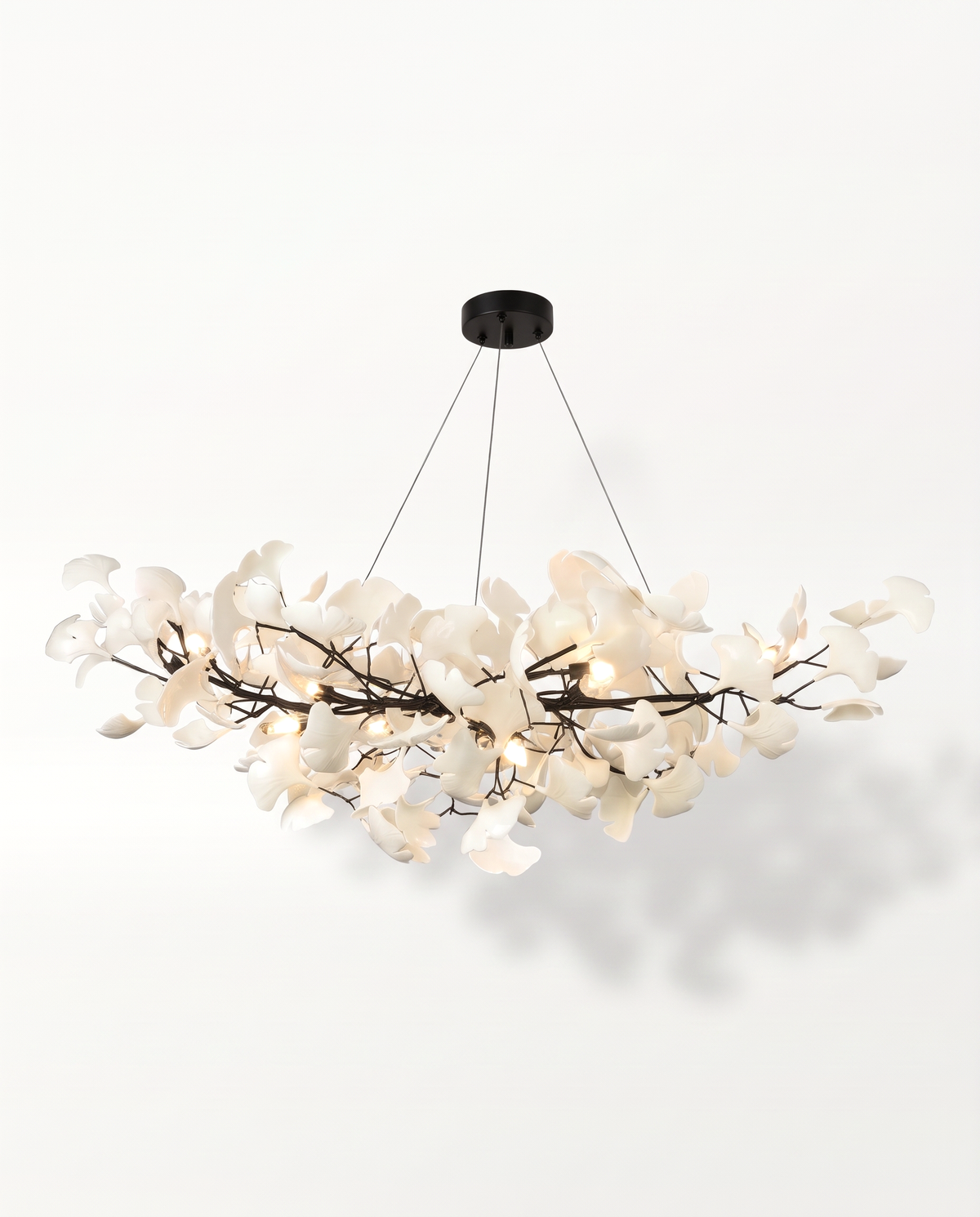 The Maidenhair Chandelier in Jet, white porcelain leaves on black branches